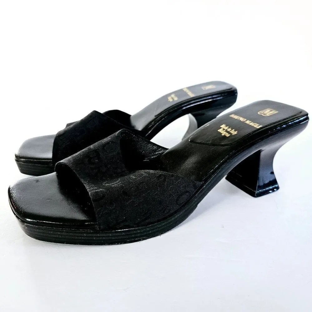Vintage Bruno Magli Y2K Square Toe Black Monogram Logo Open Toe Sandal Mule 8